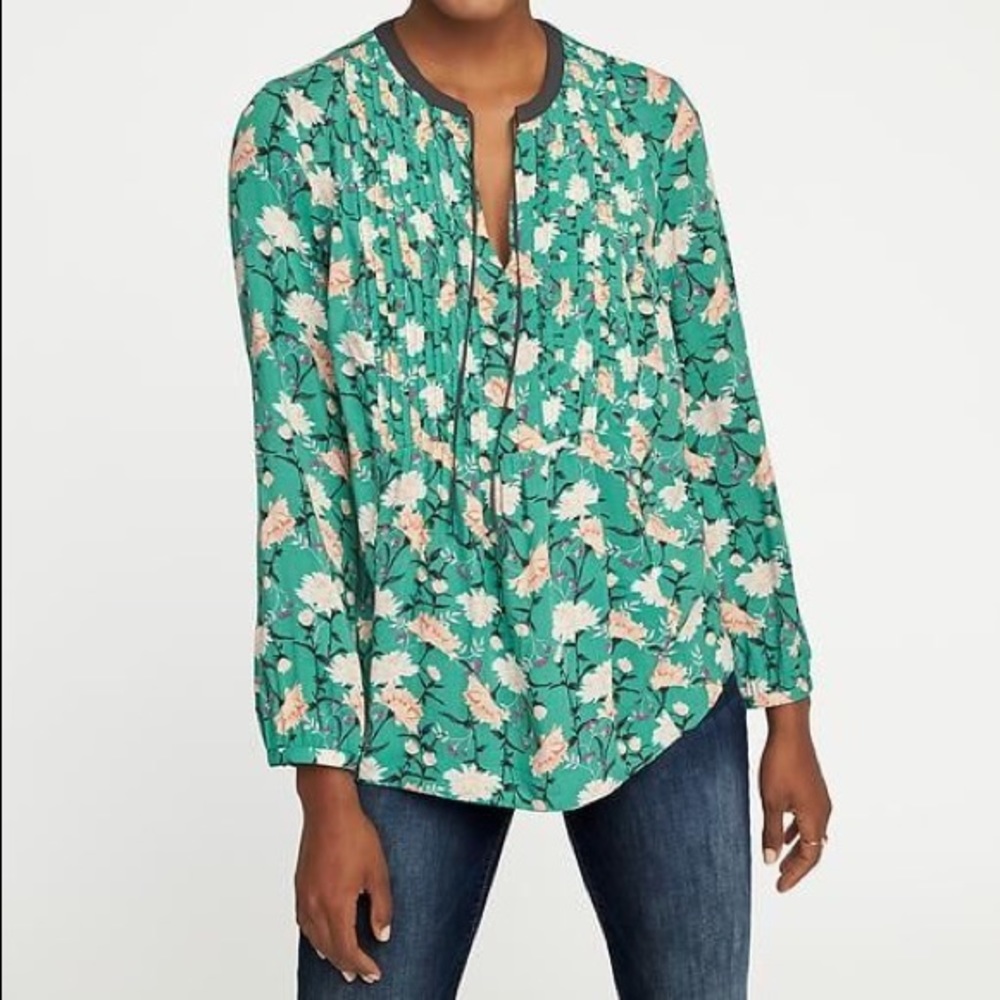 NWOT Pintuck Floral Kelly Green Boho Blouse Top - Picture 7 of 7